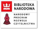 Logo Biblioteka Narodowa - biała korona na czerwonym tle, Narodowy Program Rozwoju Czytelnictwa - przód lokomotywy w kolorze bordowym